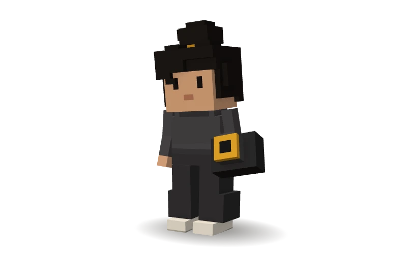 Personnage 3D en voxels : Lina, l’agent IA Contenu social de CleveryAI, filme une vidéo avec sa caméra.