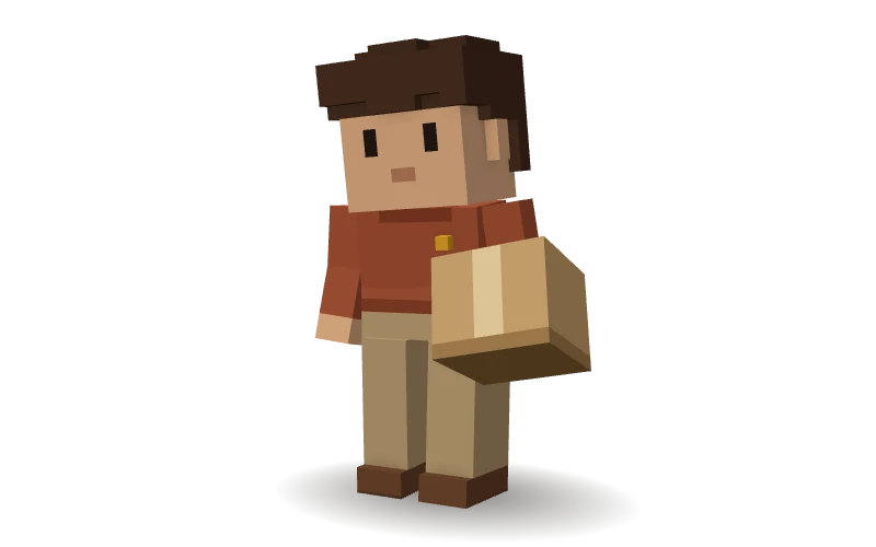 Personnage 3D en voxels : Marc, l’agent IA E-commerce de CleveryAI, porte un colis prêt à partir.