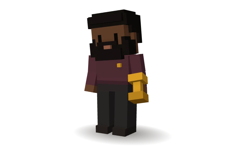 Personnage 3D en voxels : Noé, l’agent IA Administratif de CleveryAI, tamponne une facture.